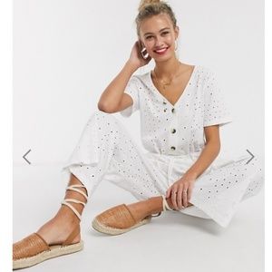 ASOS button front tie waist jumpsuit in white